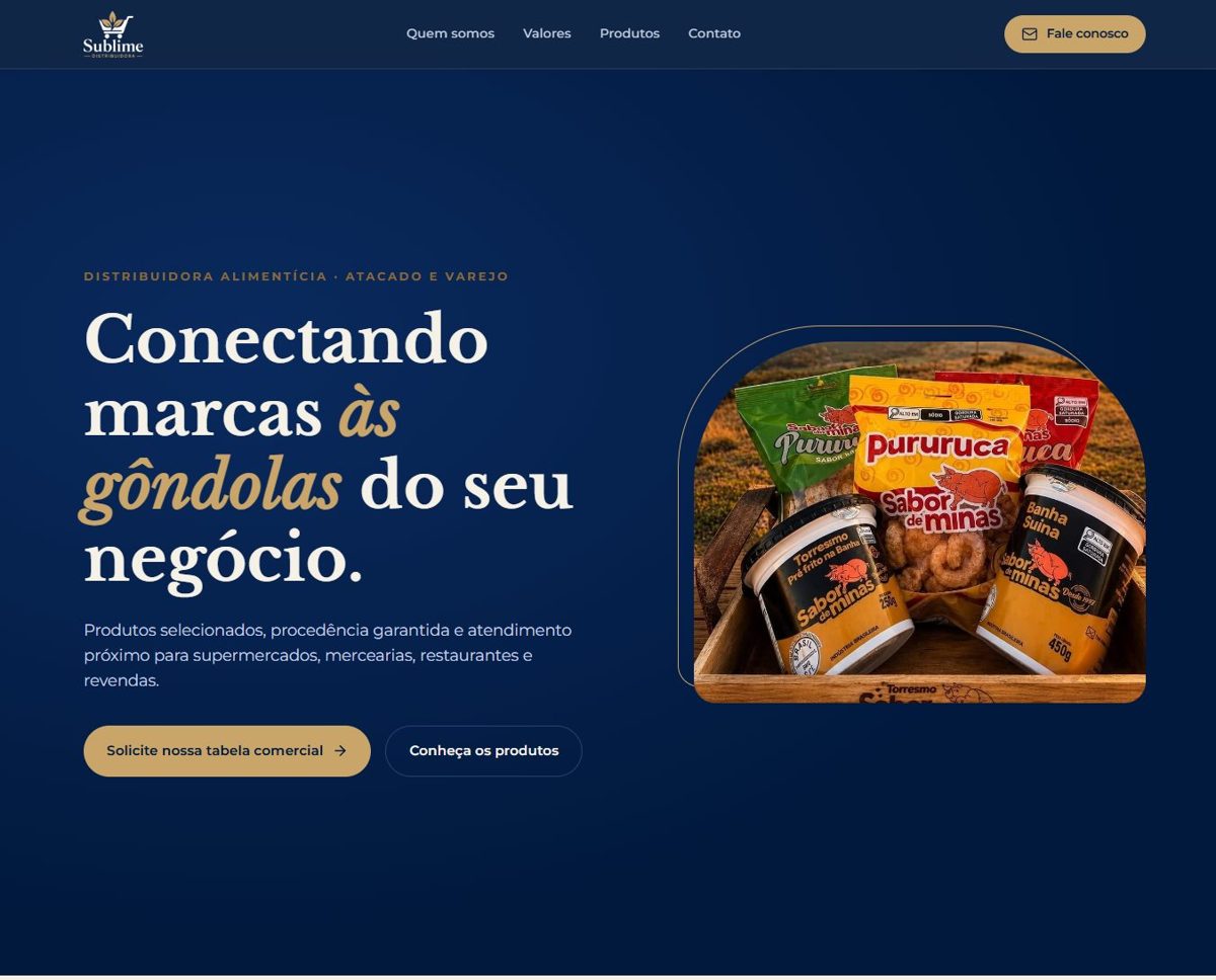 Página inicial do site da Sublime Distribuidora, com o título Conectando marcas às gôndolas do seu negócio