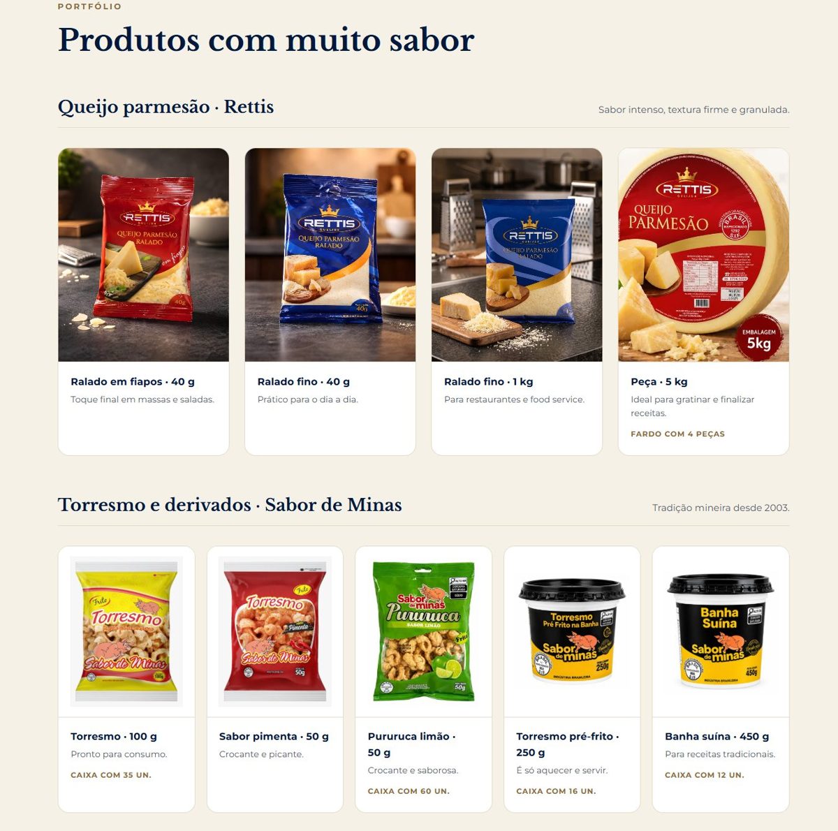 Seção de produtos do site com queijo parmesão Rettis e torresmos Sabor de Minas
